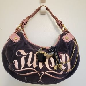 Juicy Couture Rock Ring and Jewel Embellished Embroidered Violet Velour Hobo Bag